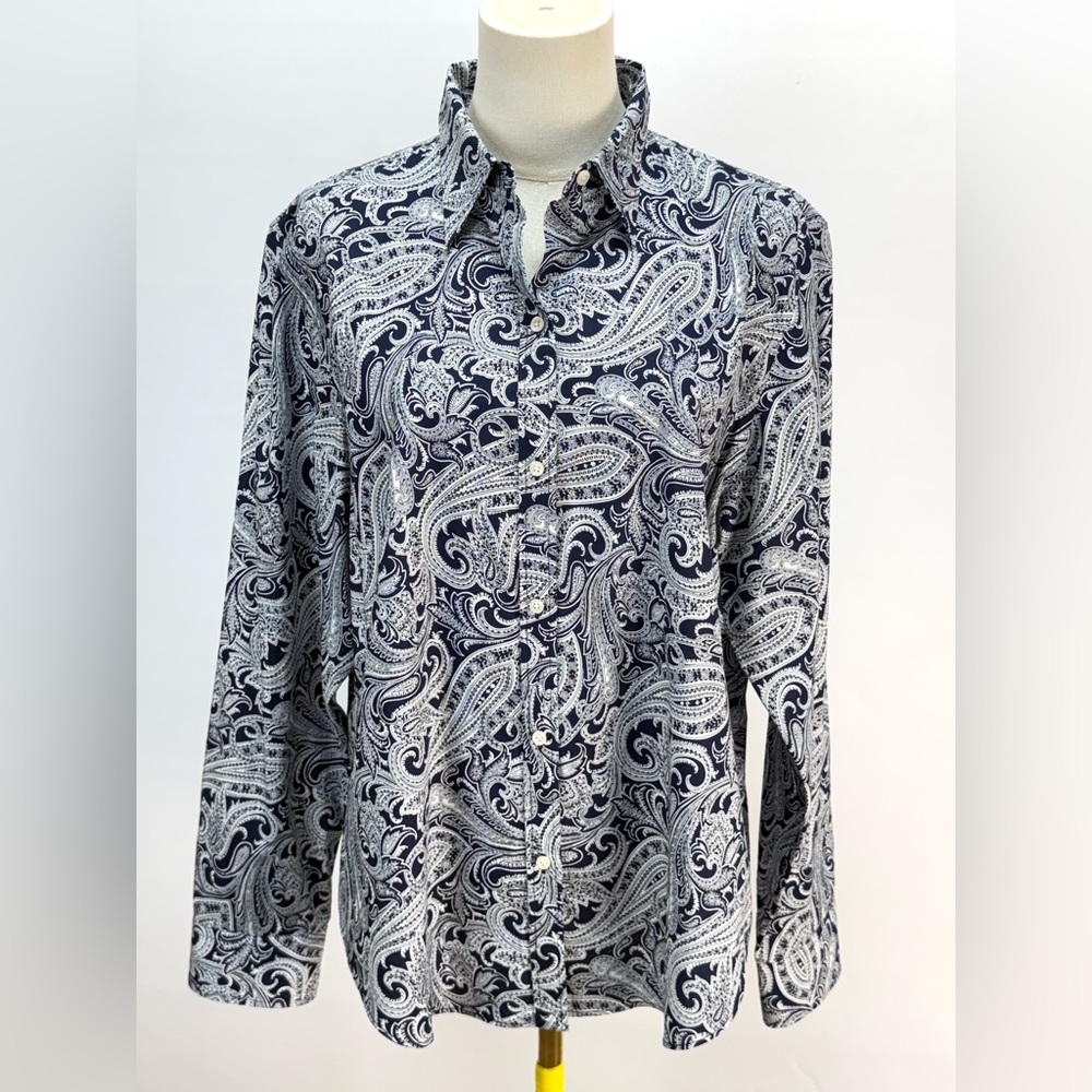 LAUREN RL Navy and White Paisley long sleeve Button Down Shirt size XL